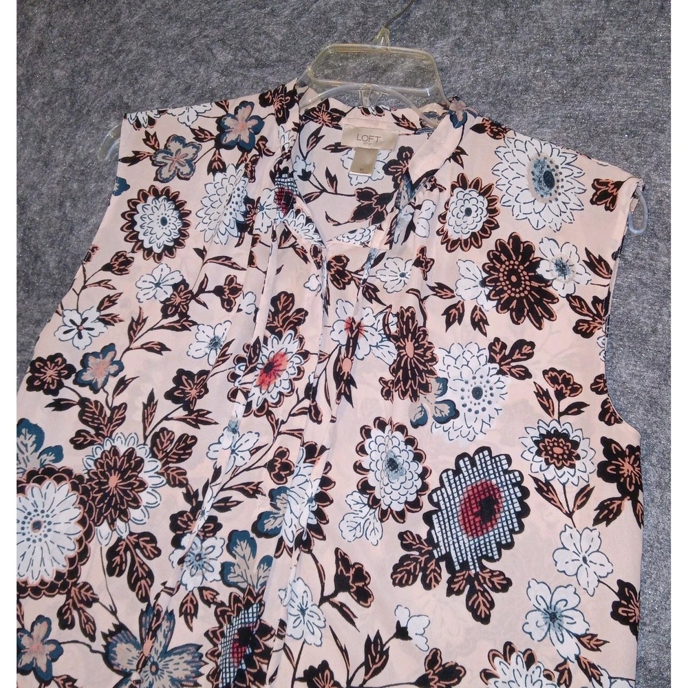 LOFT Outlet Blouse Women Medium Pink Floral Sleeveless Tie Neck High Low Hem